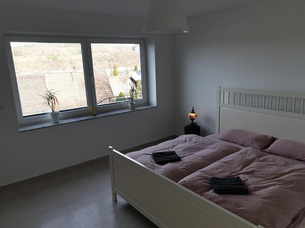 een slaapkamer met een groot bed en een groot raam bij Schöne Wohnung über Wissen in Wissen