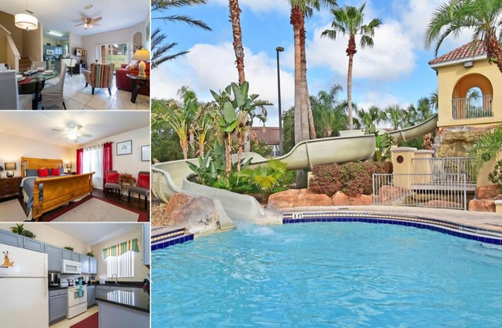 un collage de fotos de un complejo con piscina en Relaxing resort, spacious pool near Disney, en Davenport