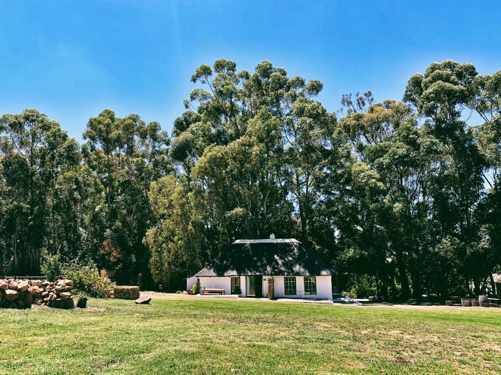 a house in a field with trees in the background at Oude Compagnies Post in Tulbagh