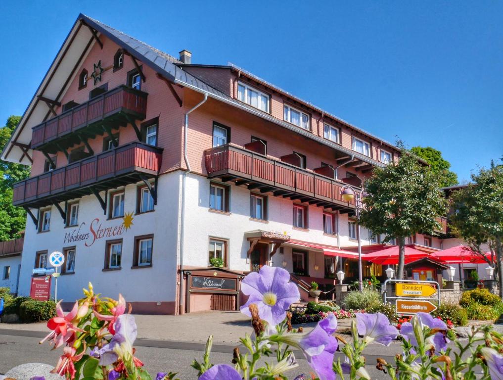 シュルッフゼーにあるWochner's Hotel-Sternen Am Schluchsee Hochschwarzwaldの花の目の前の大きな建物