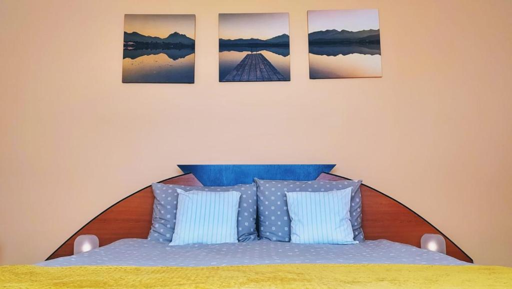 a bedroom with a bed with four pictures on the wall at Lightning Vacation House in Sighişoara