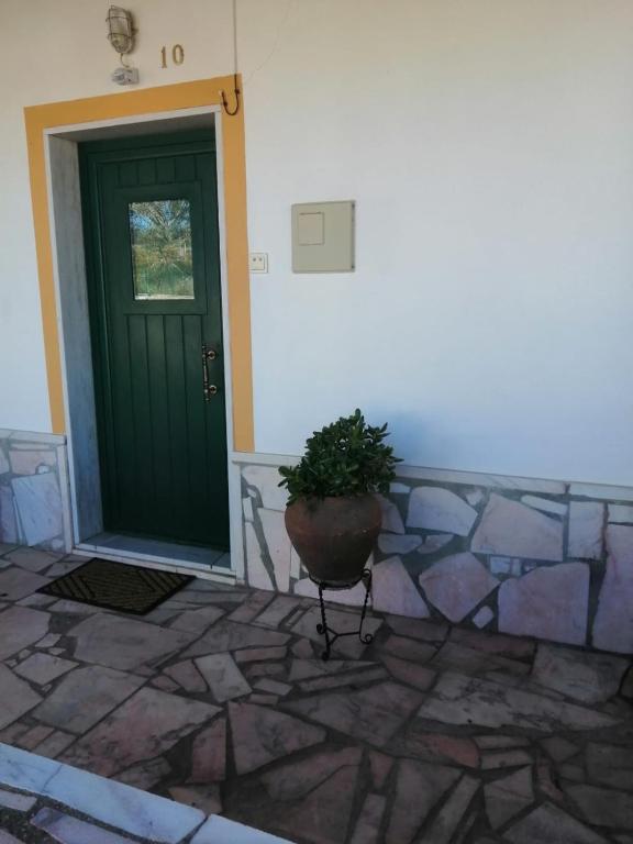 uma planta num vaso sentado à frente de uma porta em Casas da Saibreira - nº10 em Elvas