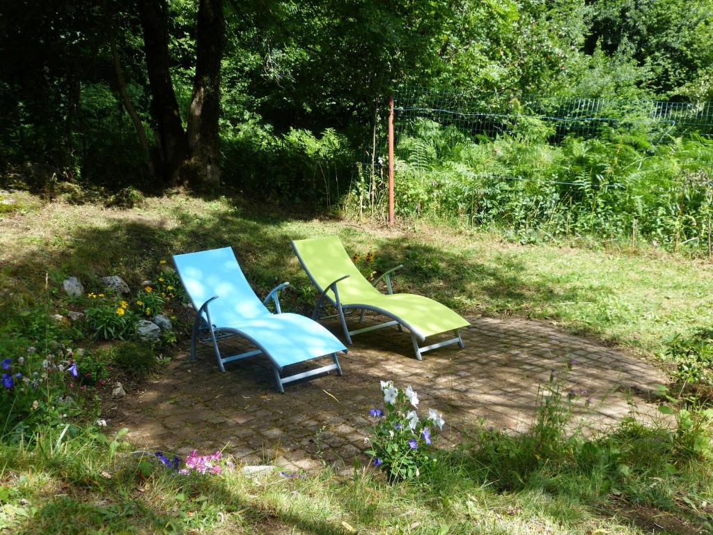 two chairs sitting in a yard with flowers at Chalet with garden in the Pyrenees in Roquefort-de-Sault