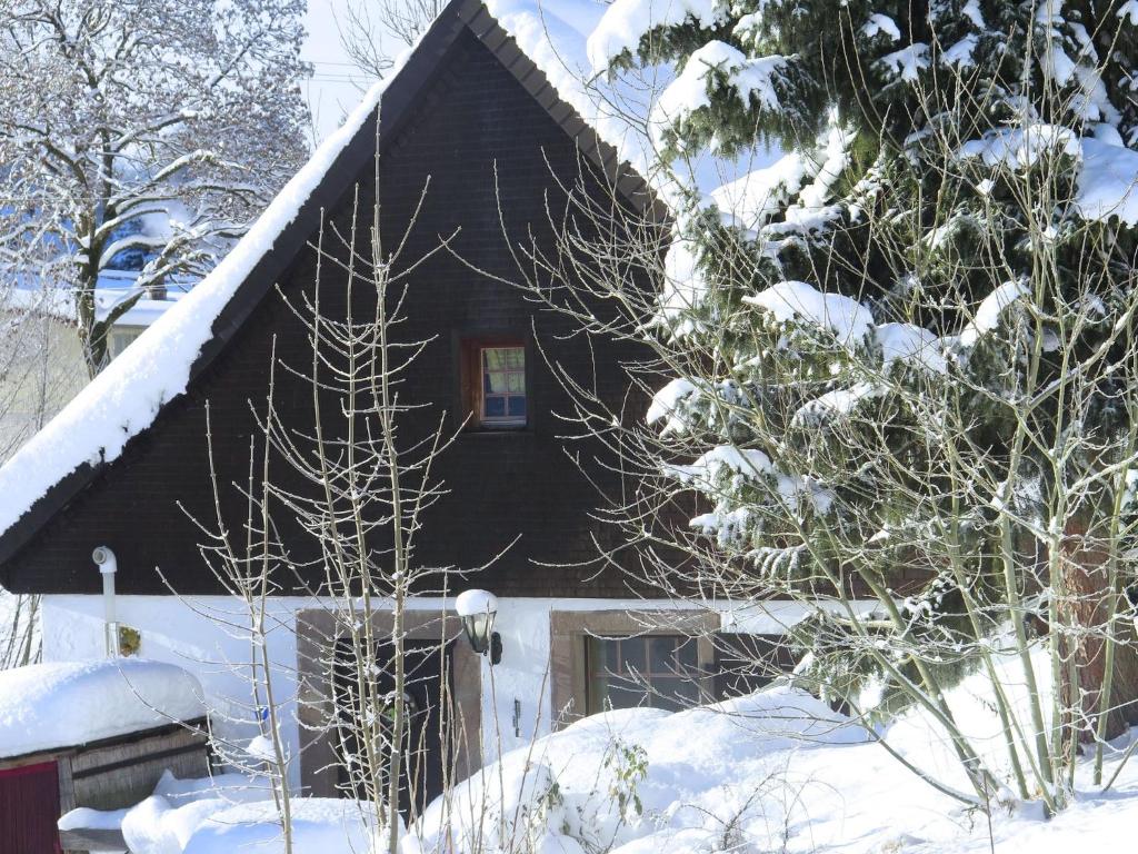 a house covered in snow with trees in front of it at Holiday home with terrace in the Black Forest in Sankt Georgen im Schwarzwald