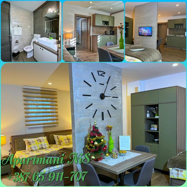 a collage of photos of a living room with a clock at Apartmani NiS in Pale