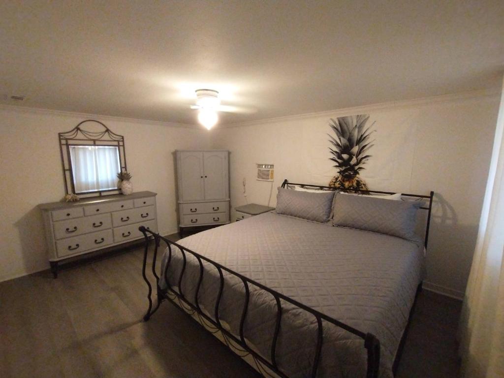 a bedroom with a bed and a dresser and a mirror at Welcome to Pineapple House! in Pensacola