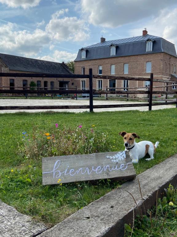 a dog laying in the grass next to a sign at Ferme de Genève in Beaurevoir