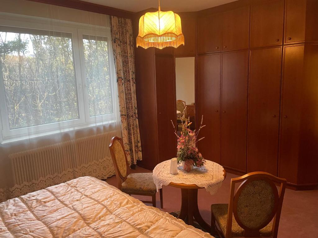 a bedroom with a table and a bed and a window at Suburb Hostel in Purkersdorf