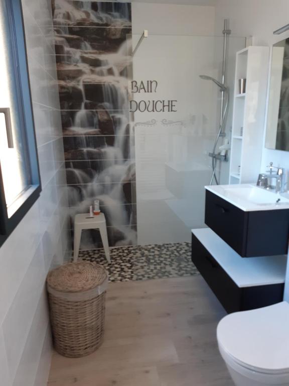 a bathroom with a white toilet and a sink at La grande Maison in Donzenac