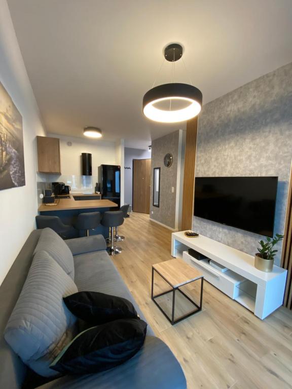 een woonkamer met een bank en een flatscreen-tv bij Plac Unii Gdynia in Gdynia