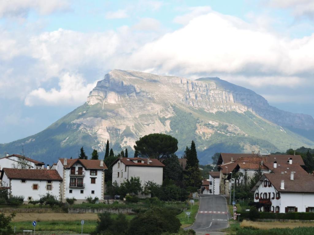 una montaña frente a una ciudad con casas en Casa Rural Nemesio, en Iturmendi