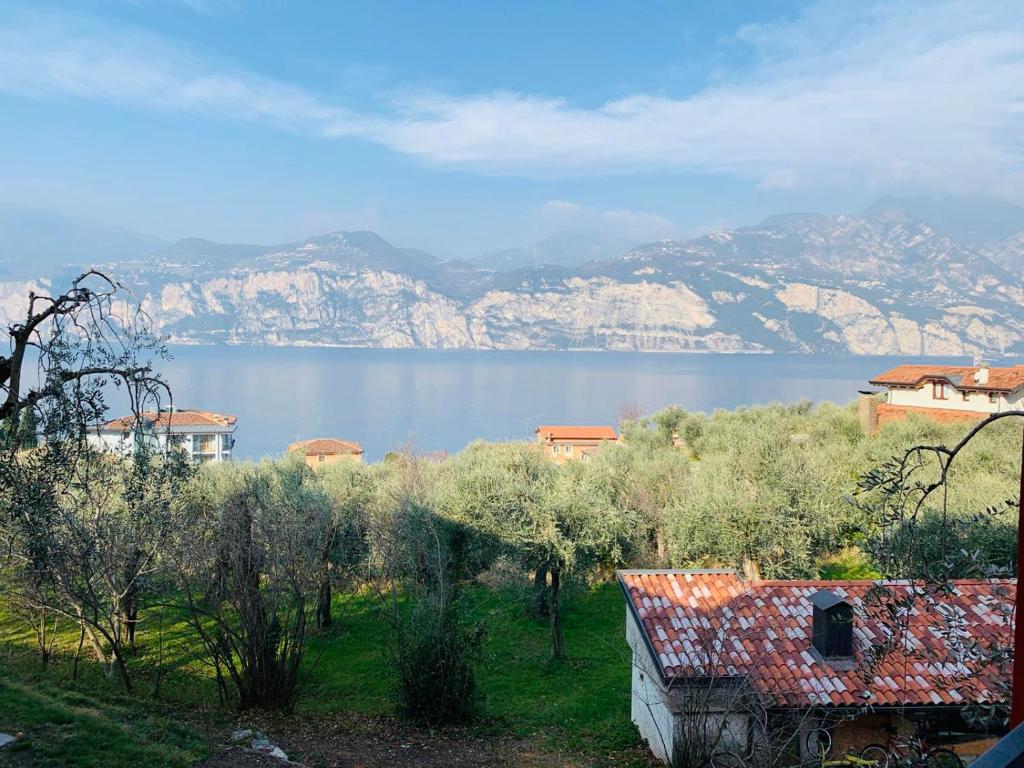 a view of a body of water with trees and mountains at Casa Meni in Malcesine