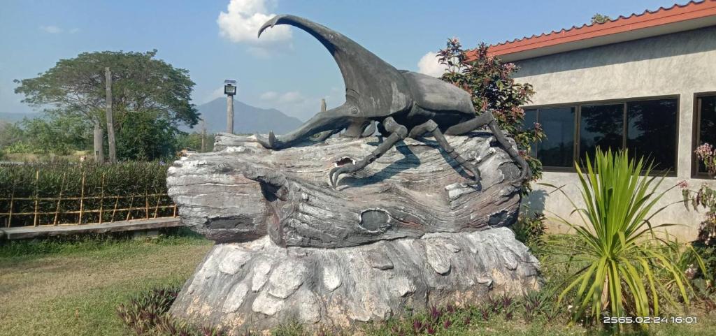 una estatua de un pájaro sentado en una roca en เฮือนกว่าง, en Pua