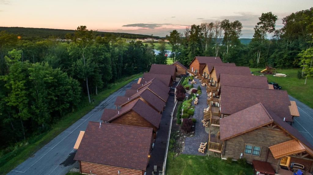 an overhead view of a row of log homes at The Lodges at Sunset Village in McHenry