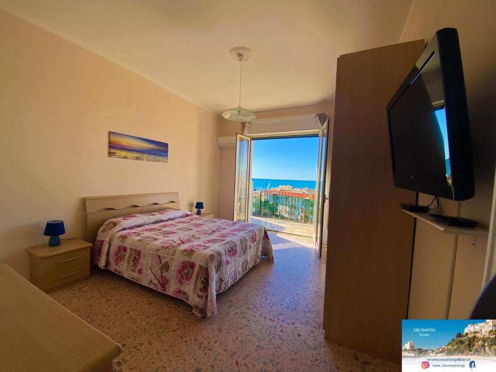 um quarto com uma cama e uma televisão de ecrã plano em TamarHouse Sperlonga Casa Noemi em Sperlonga