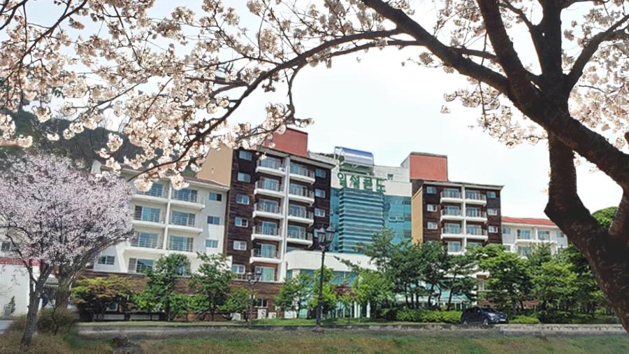茂朱Muju Ilsung Condo的一栋前面有树的大型公寓楼