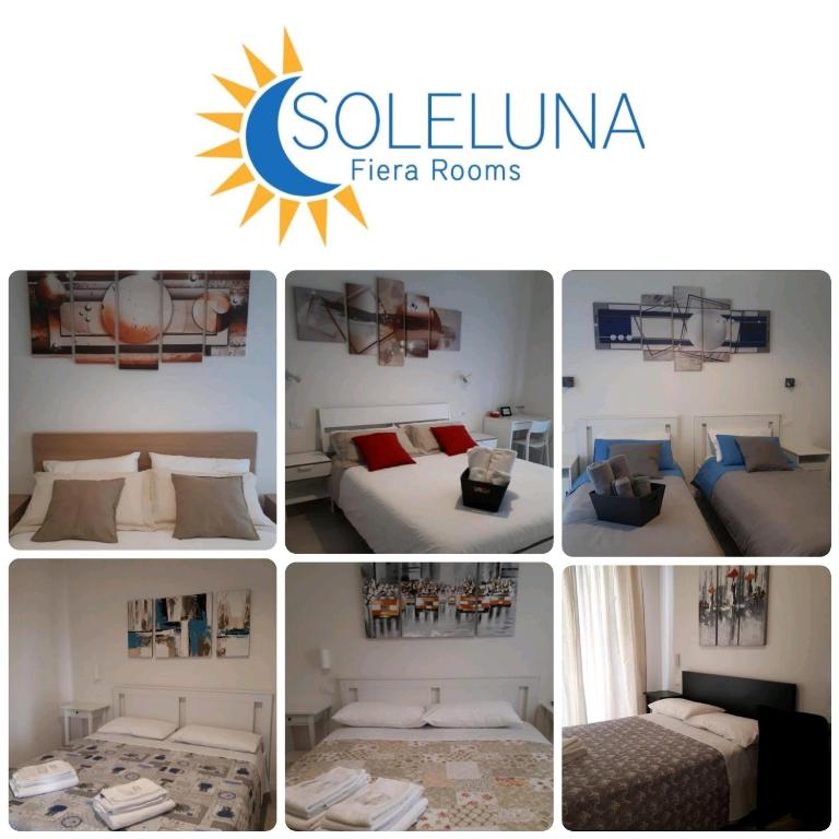 kolaż czterech zdjęć pokoju hotelowego w obiekcie SoleLuna Fiera 6 Rooms w Bolonii
