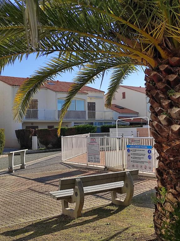 un banc de parc assis à côté d'un palmier dans l'établissement Au mouillage, appartement 2 pièces plage de Pontaillac, à Vaux-sur-Mer