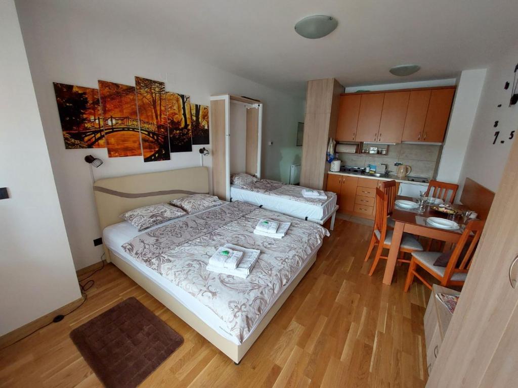 ein kleines Schlafzimmer mit einem Bett und einer Küche in der Unterkunft Zlatibor Apartman 69 in Zlatibor