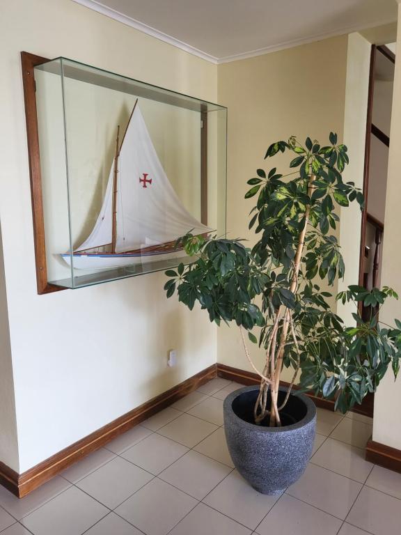 une plante dans une pièce avec un miroir et un bateau sur une étagère dans l'établissement Hotel Beira Mar, à Angra do Heroísmo