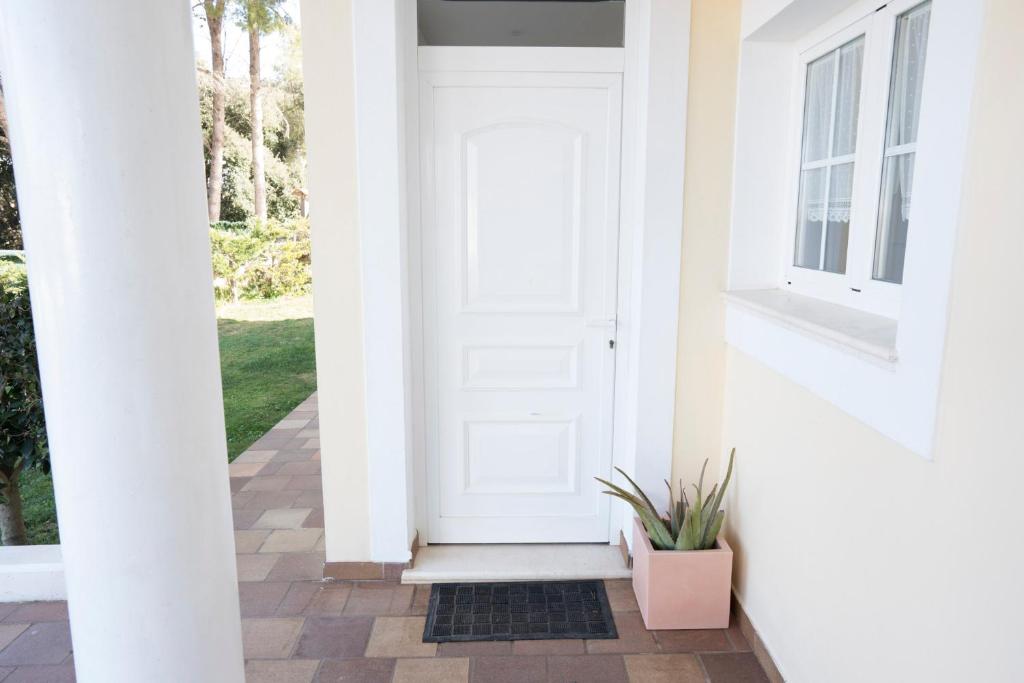a white door with a potted plant on a porch at Orquideas in Cala Galdana