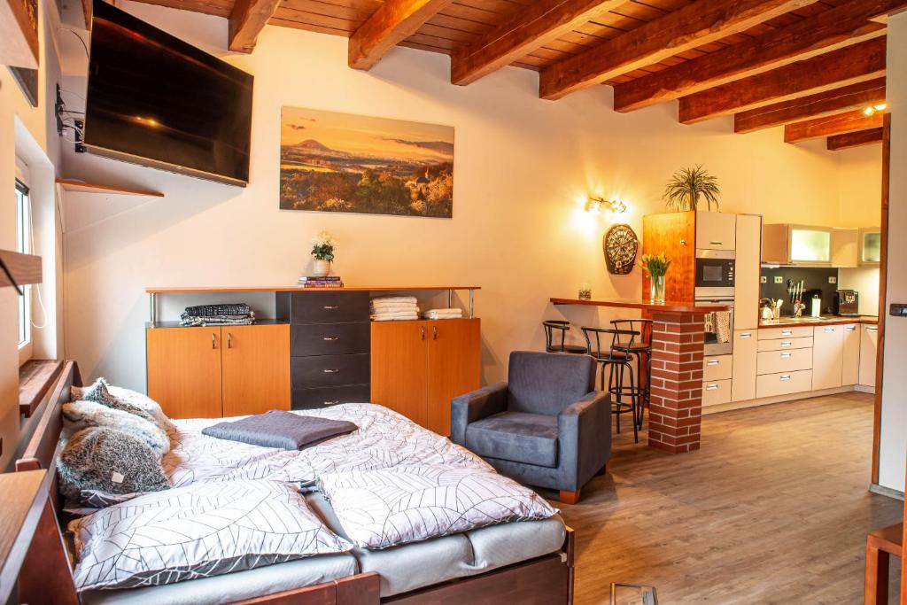 ein Wohnzimmer mit einem Bett und eine Küche in der Unterkunft Apartmán na okraji města s vlastním parkováním in Česká Lípa