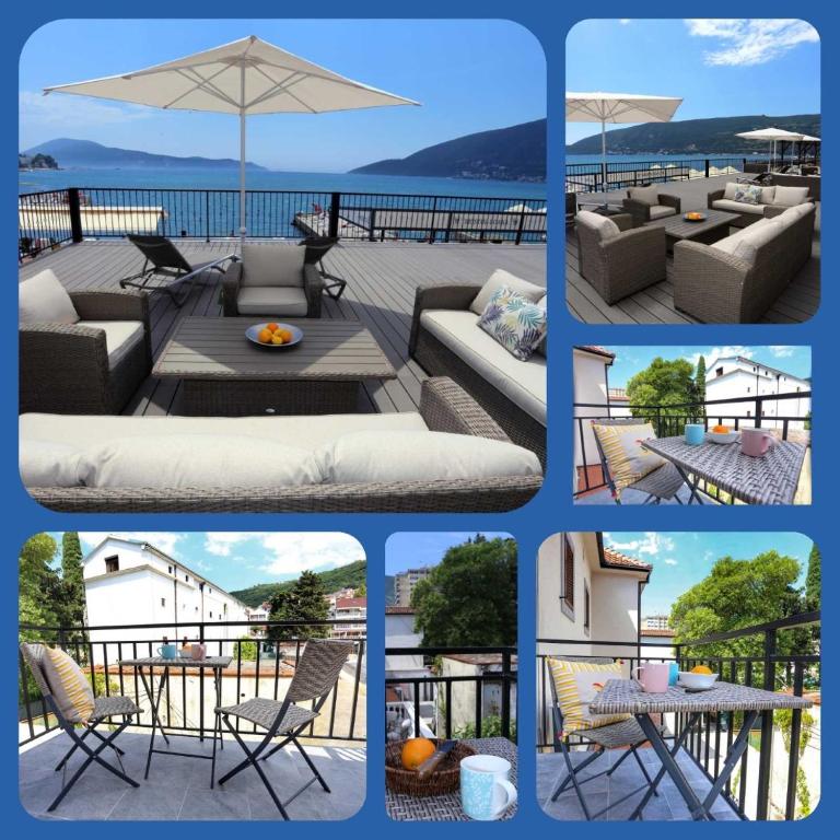 a collage of photos of a patio with furniture and an umbrella at Tamaris Apartmani Igalo Centar in Herceg-Novi