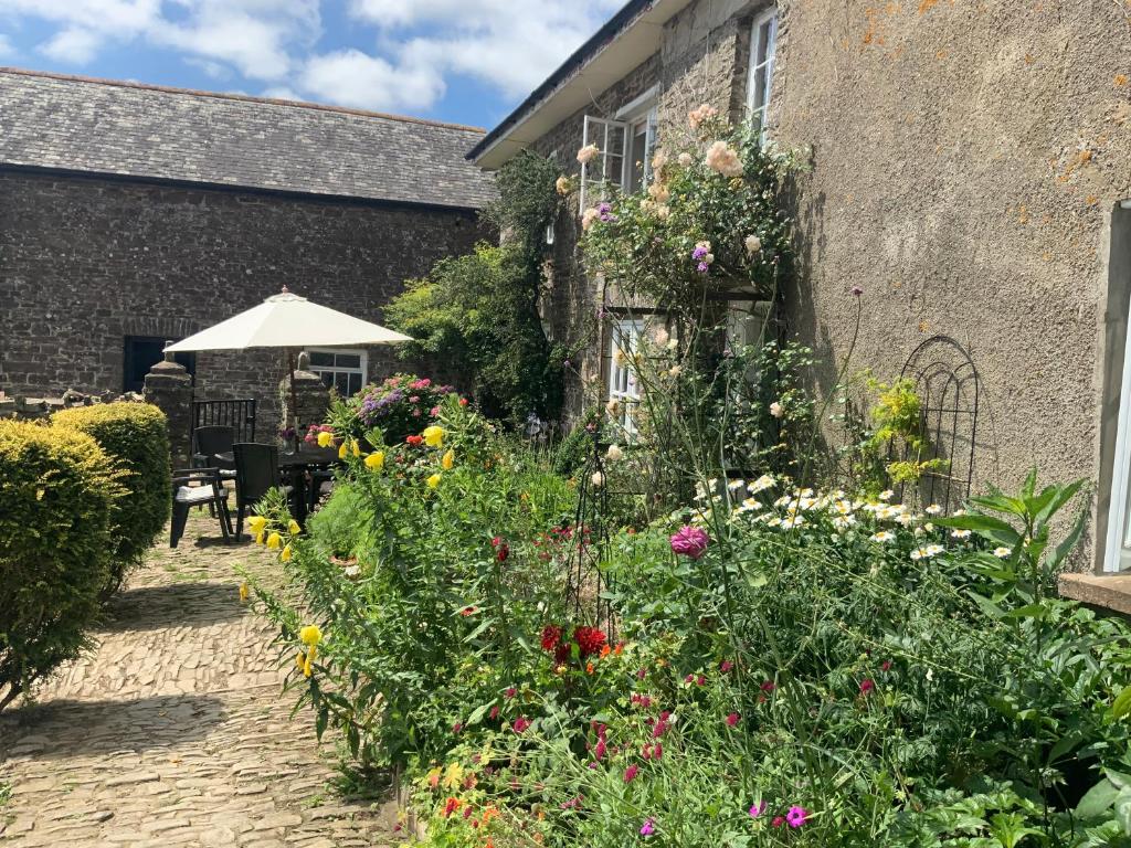 a garden in front of a building with flowers at Higher Biddacott Farm in Chittlehampton