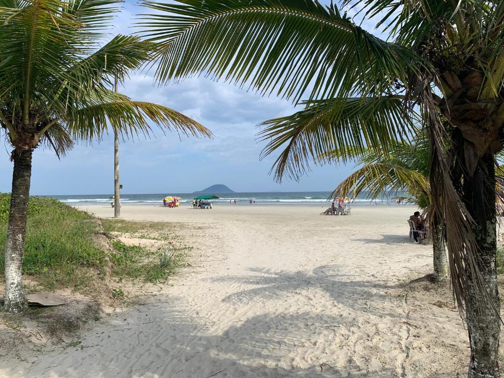 a sandy beach with palm trees and the ocean at Apto novo pertinho da praia em Boracéia, Bertioga in Bertioga