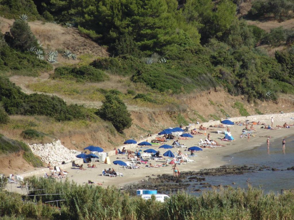 a bunch of people on a beach with blue umbrellas at VILLA Apartments Mate Cebalo in Lumbarda