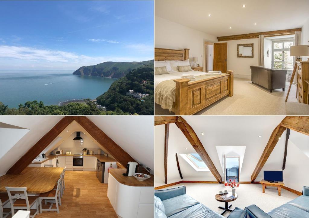 a collage of photos of a bedroom and a house at The Penthouse Lynmouth Bay in Lynton
