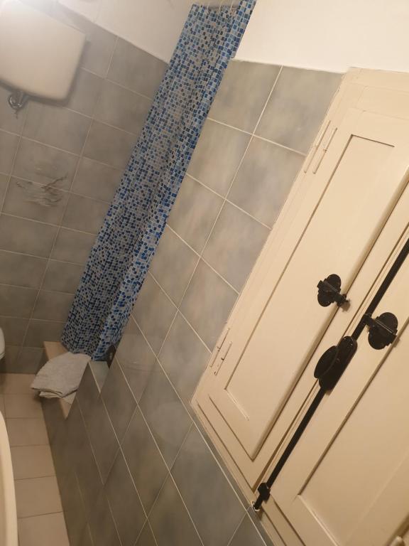 a bathroom with a white door and a shower at Agriturismo Cognanello in Montepulciano