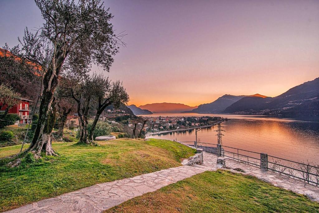 vista su un lago con un albero e una recinzione di CASA ANGELA a Dervio