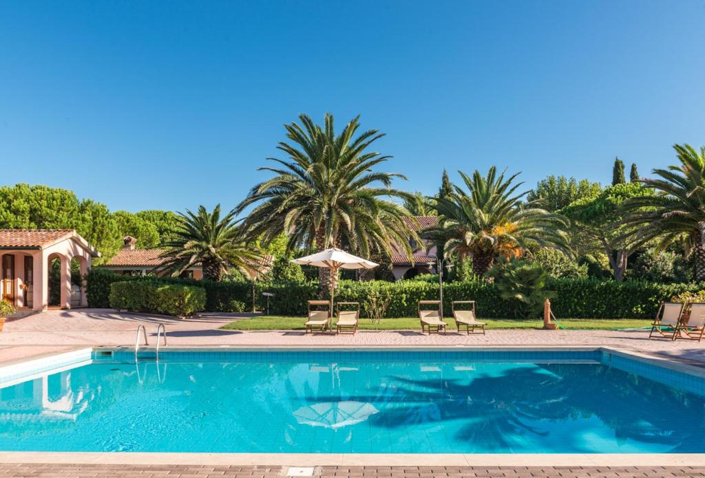 a swimming pool with chairs and an umbrella and palm trees at Agriturismo Villa Toscana in Campiglia Marittima