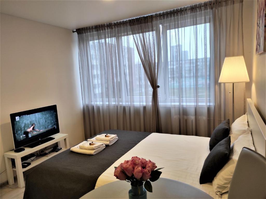 um quarto de hotel com uma cama com televisão e flores em Klaipeda Akro Studio em Klaipėda