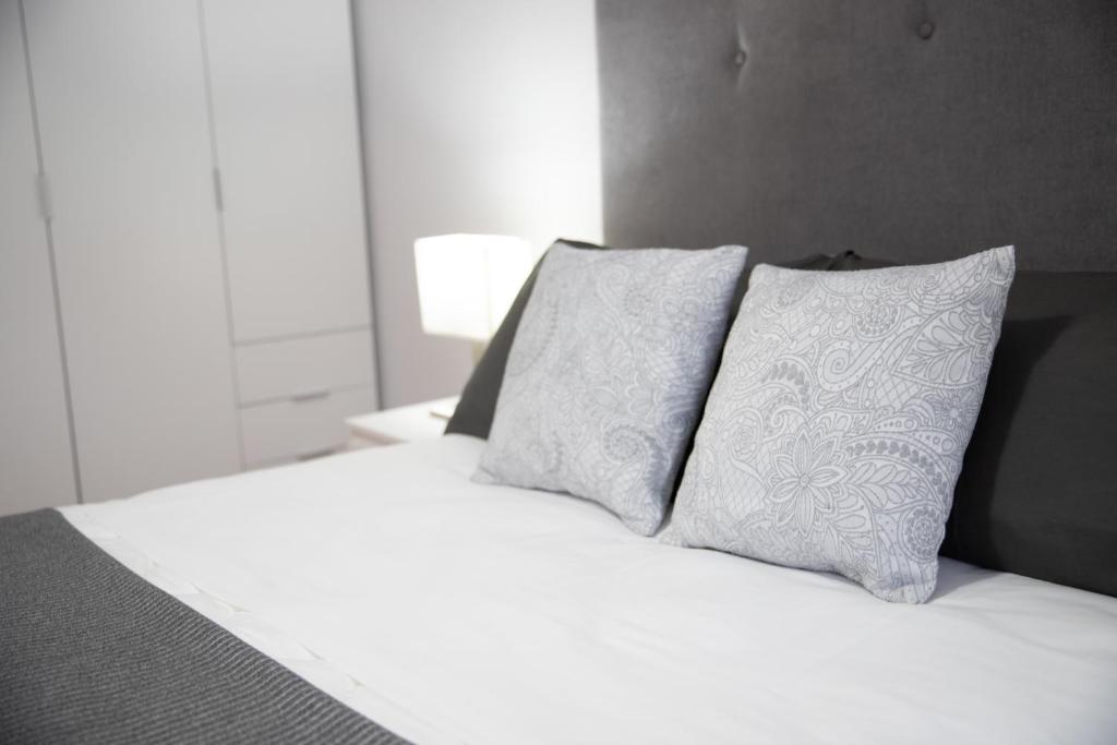 1 dormitorio con 1 cama blanca y 2 almohadas en Apartamento Albelda Plaza en Albelda de Iregua