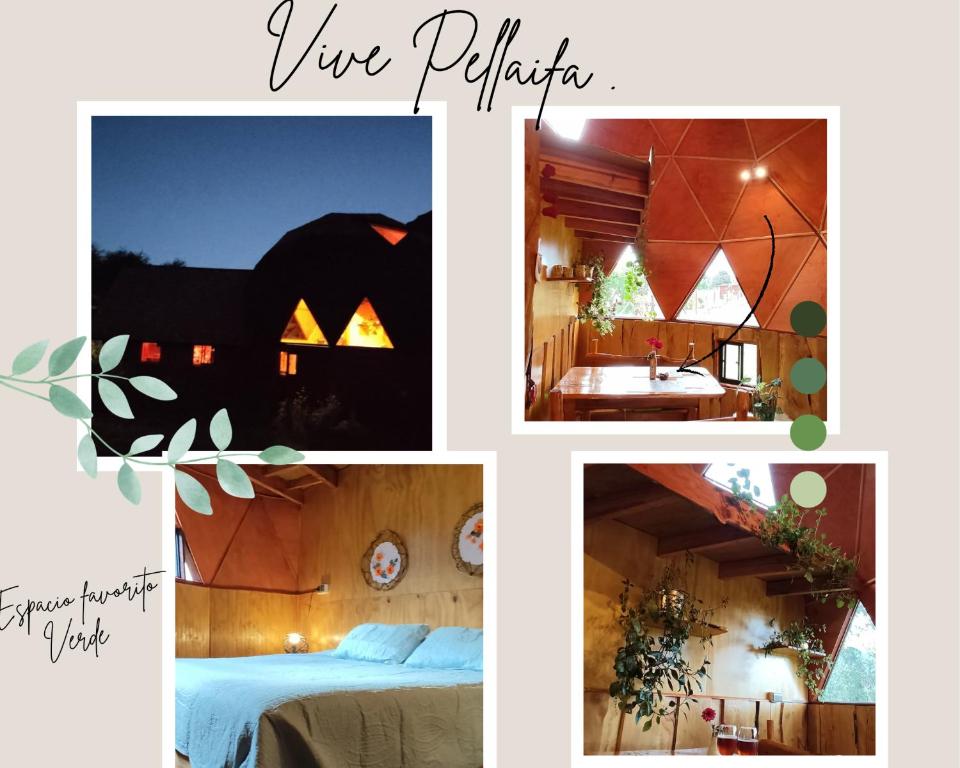 a collage of four pictures of a room at Domo Vive Pellaifa in Coñaripe