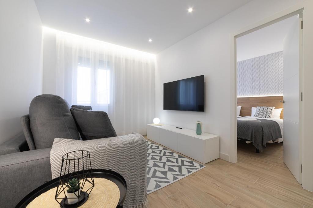 ein Wohnzimmer mit einem Sofa und einem Flachbild-TV in der Unterkunft Apartamento Ayuntamiento Av de La Paz in Logroño