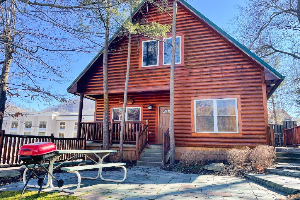 a log cabin with a picnic table and a grill at Black Bear Hideaway Cabin in Gatlinburg