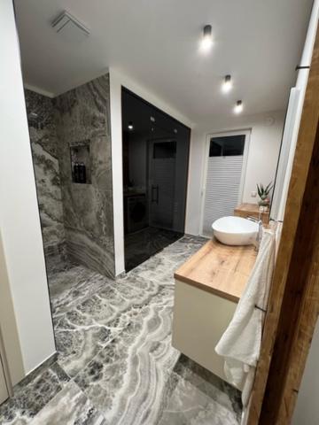 La grande salle de bains est pourvue d'un lavabo et d'une douche. dans l'établissement Ranna Apartment, à Võru