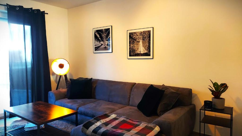 a living room with a brown couch and a table at Select-Home 2 - Netflix - Kaffee&Tee - Parkplatz - viele Extras in Bruck in der Oberpfalz