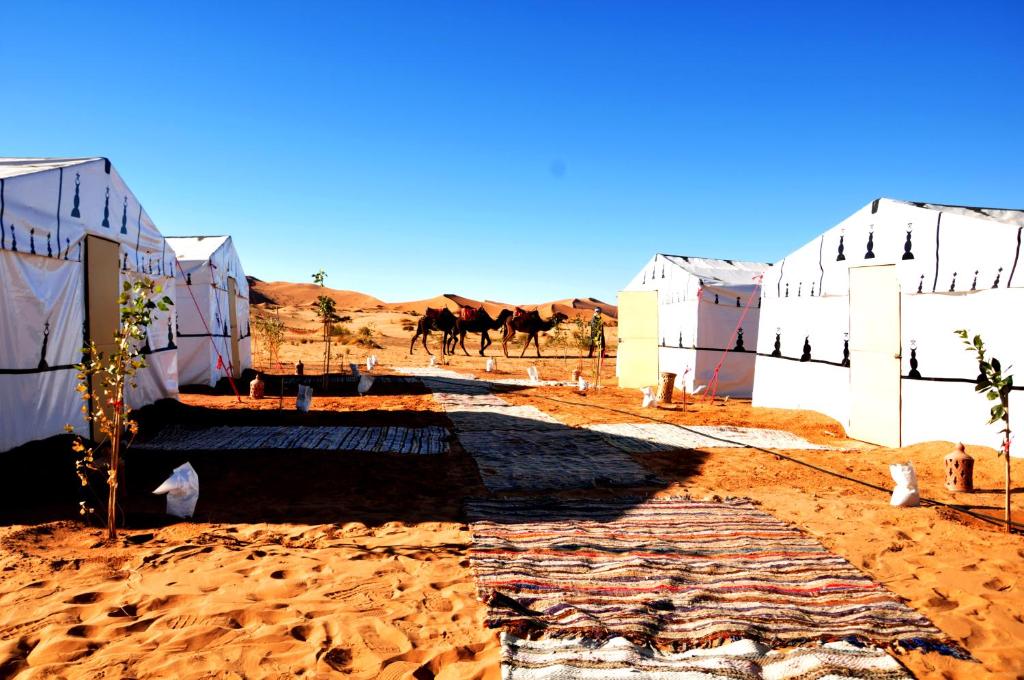 grupa budynków na pustyni z końmi w tle w obiekcie Tuareg Luxury Camp w mieście Merzouga
