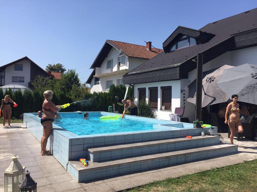 Donji Ljenobud的住宿－Luxeriöse Villa mit Bergblick，一群人在游泳池玩耍