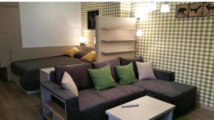 un soggiorno con divano e letto di Apartament Aosta Central Sinaia a Sinaia