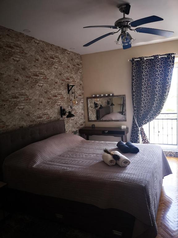 a bedroom with a bed with a ceiling fan at Casa Segota in Veli Iž