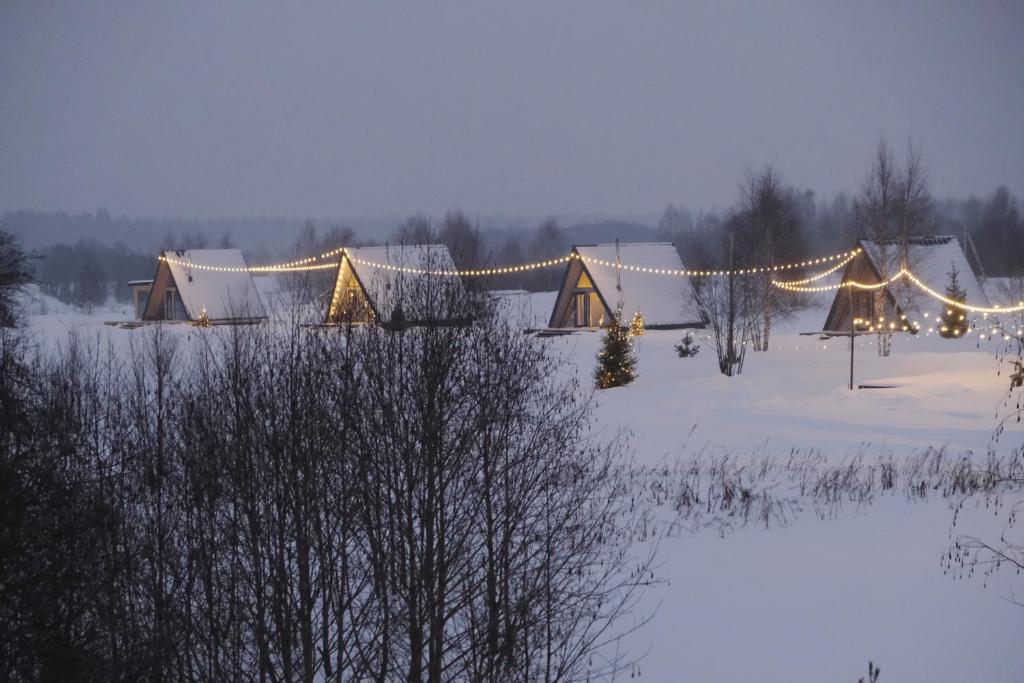 a group of lodges in a snowy field with lights at Woody Village Riverside in Panteleyevo