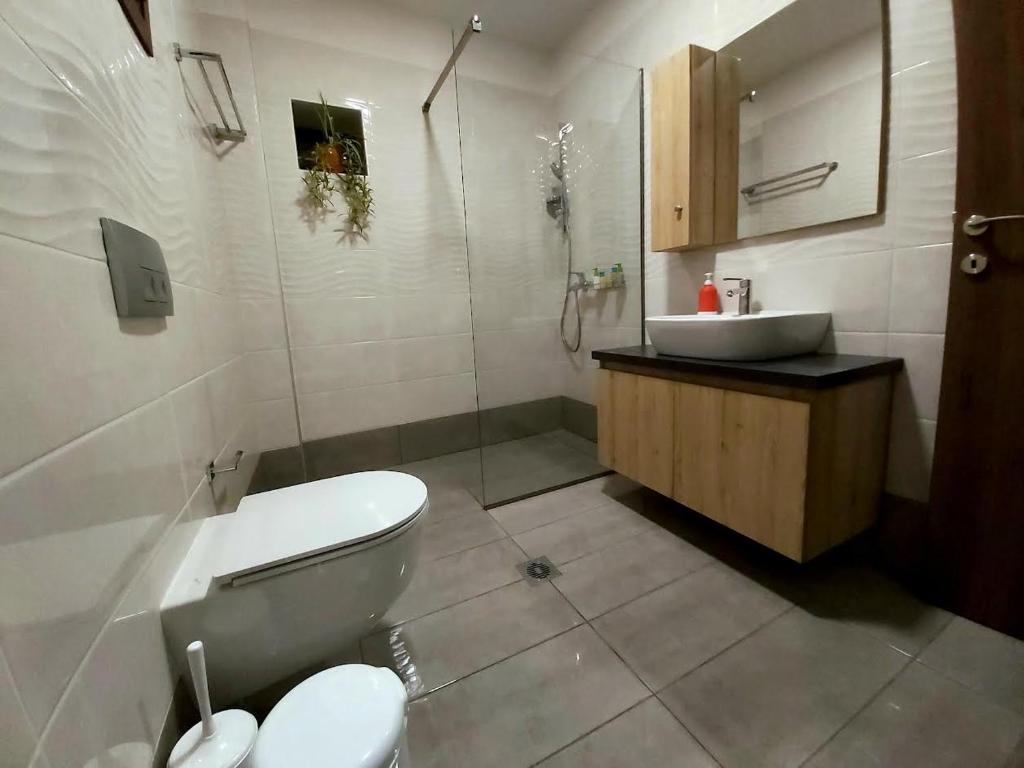 uma casa de banho com um WC, um lavatório e um chuveiro em Helen's House em Trikala