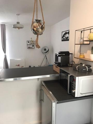 une cuisine avec un comptoir avec un micro-ondes dans l'établissement Appartement au centre historique de Nîmes, à Nîmes