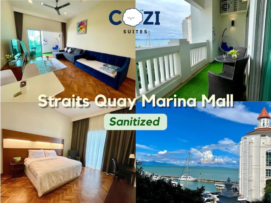 un collage de trois photos d'une chambre d'hôtel dans l'établissement Instagramable Luxury Suites for Couples or Families • Straits Quay Penang • Sea View Balcony • Private Bathtub, à Bagan Jermal