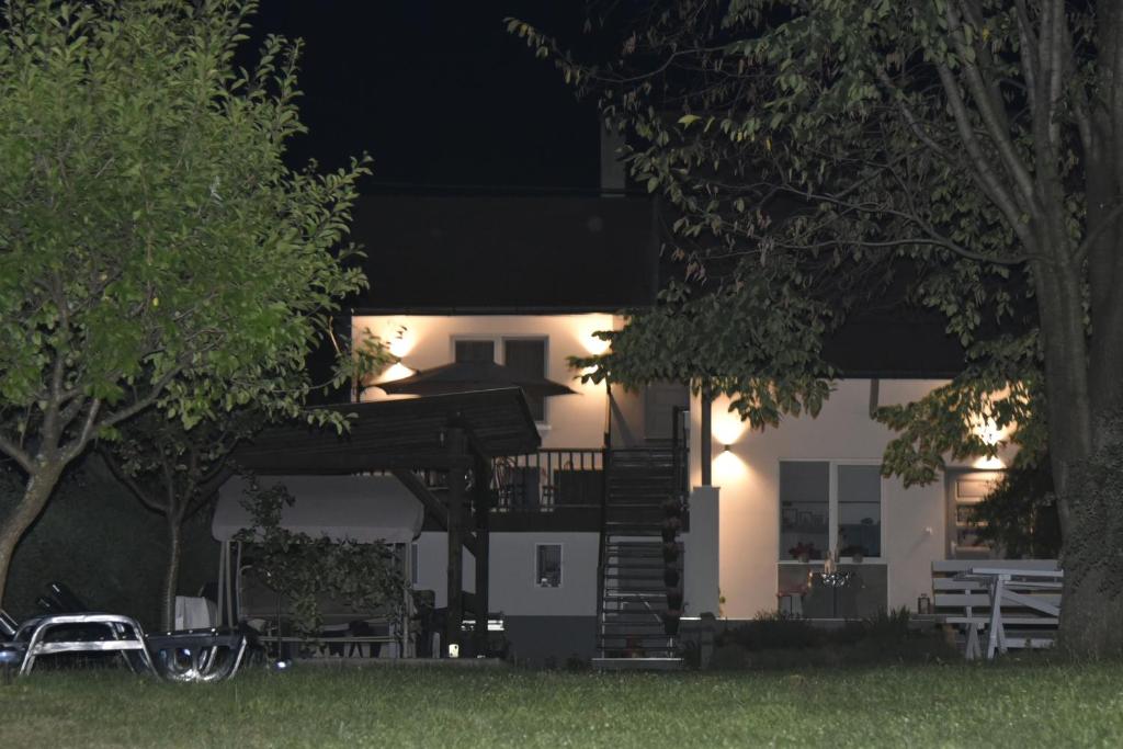 a white house with a porch at night at Pensiunea Sovirag in Praid